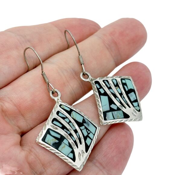 Vintage Mexico Sterling Silver 925 Dyed Blue Magnesite Inlay Dangle Earrings - Picture 1 of 6